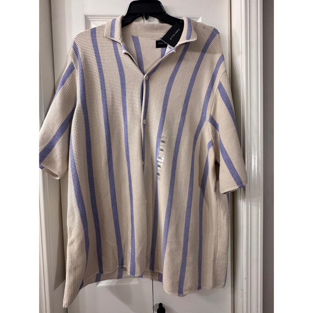 Perry Ellis Mens XXL Knit Button Down Shirt Beige Blue Striped Short Sleeve